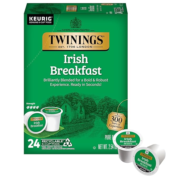 Twinings Irish Breakfast Black Tea K-Cup Pods for Keurig, 24 Count (Pack of 1), Robust, Strong, Bold Flavour, Caffeinated, Enjoy Hot or Iced