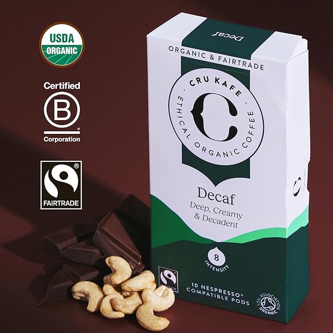 Cru Kafe Decaf USDA Organic Espresso Coffee Capsules (50 Pods) Fairtrade Coffee Pods Compatible with Nespresso Original Line and Pixie Machines