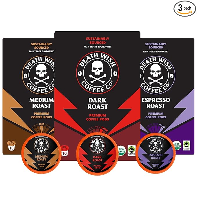 Death Wish Coffee, Single Serve Coffee - 10 Each of Medium, Dark, and Espresso Roast - Mixed Roast Variety Pack