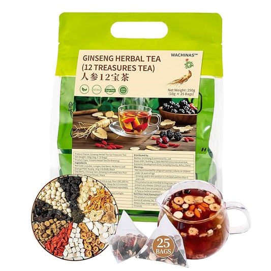 Premium Ginseng Tea - Natural Organic Kidney and Liver Detox Tea - 12 Herbal Blend with Goji Berry，Jujube, Longan, Mulberry & Maca - Caffeine & Sugar Free - 25 Individually Wrapped Pyramid Large Tea Bags (250g)