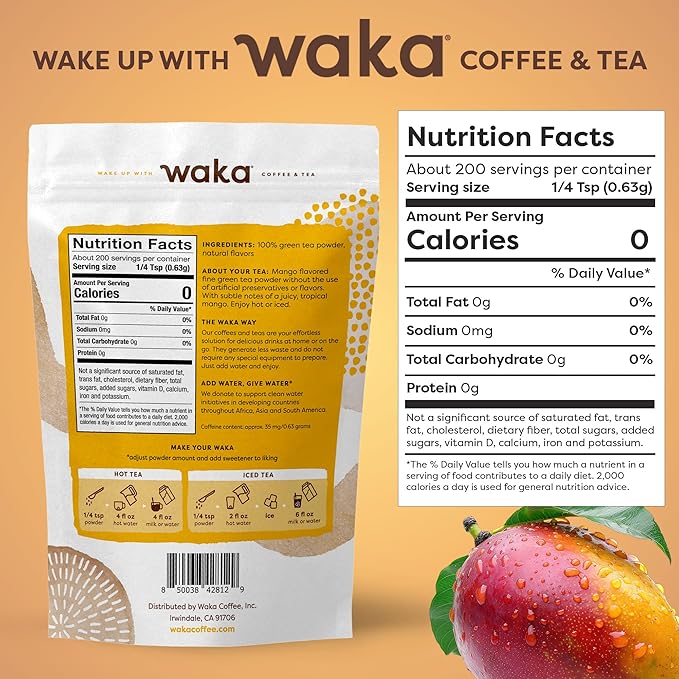 Waka Instant Green Tea Mix, Mango Flavored - 100% Tea Leaves, No Additives, Unsweetened Tea Powder in Bulk Pouch – Easy Quick Hot and Iced Teas, Up to 200 Cups (4.5oz)
