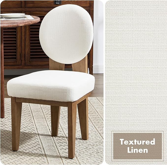 Mid-Century Modern Walnut Dining Chairs Set of 4, Vintage White Wooden Kitchen Chairs, Retro Upholstered Linen Cushioned Seat with Curved Backrest, Armless Accent Side Chair for Bedroom