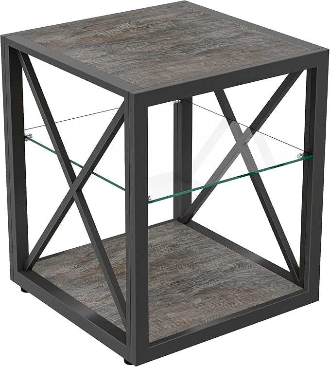 Modern End Table Set of 2 for Living Room 17.7" Bedroom Nightstand, Tempered Glass Shelf & Rustic Wood MDF Top Square Side Tables 2 Pack, Industrial Grey