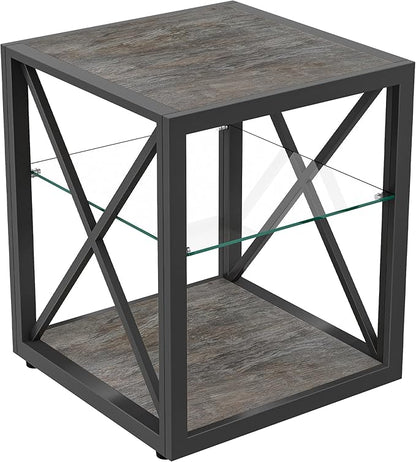 Modern End Table Set of 2 for Living Room 17.7" Bedroom Nightstand, Tempered Glass Shelf & Rustic Wood MDF Top Square Side Tables 2 Pack, Industrial Grey