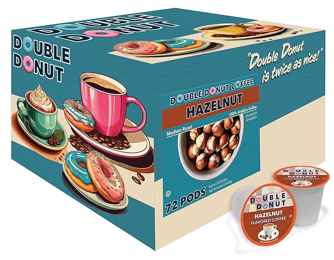Double Donut Hazelnut Flavored Coffee Pods, Medium Roast Coffee, Compatible with Keurig K Cups Brewers, 72 Count (Pack of 1)