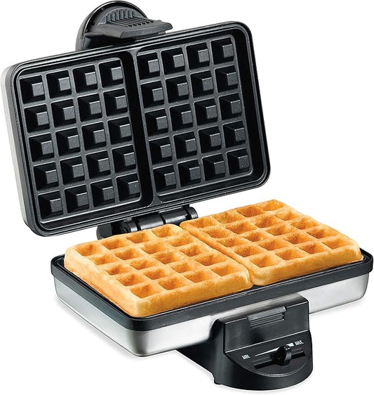 Hamilton Beach Belgian Mini Waffle Maker with Shade Control, Makes 2 at Once, Create Personalized Keto Chaffles and Hash Browns, PFAS-Free Non-Stick Plates, Compact Design, Stainless Steel (26009)