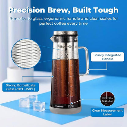 BrewMOO- Airtight Cold Brew Coffee Maker Pitcher, 1.4L/48Oz Thick Glass Carafe with Filter, Comfort Sturdy Handle & Wide Spout, Non-Slip Base | Iced Tea Maker (Grey)