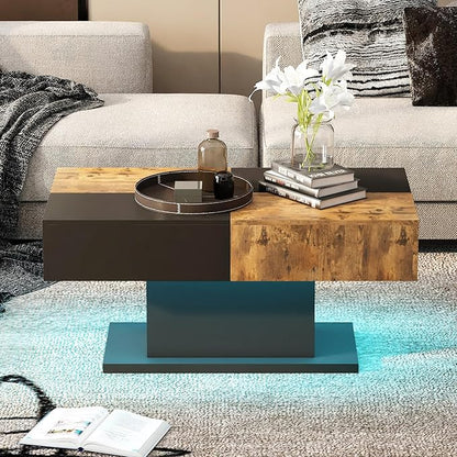 Led Coffee Table for Living Room, Living Room Table Rectangular Center Table, Modern Wooden Coffee Tables with 16 Colors LED Lights for Dining Reception Room