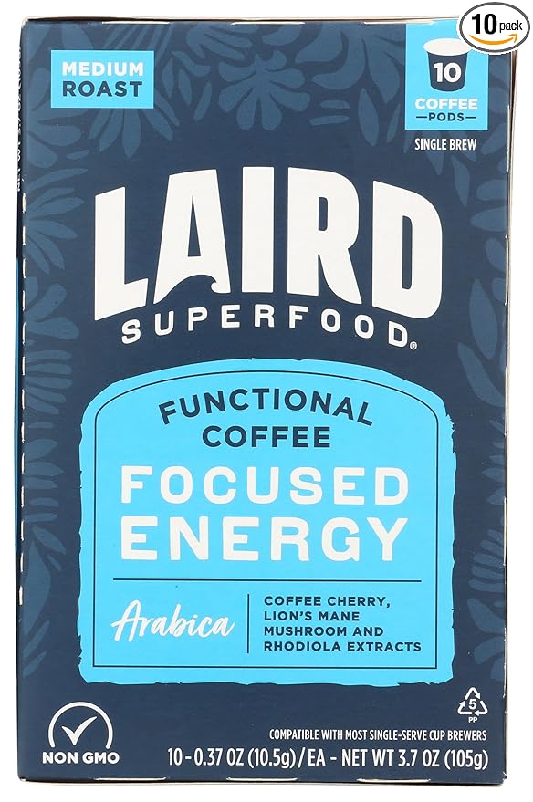 Laird Superfood K-Cups with Functional Mushrooms - Focused Energy, 10ct - Plant-Based Blend of Lions Mane Mushrooms, Rhodiola Extract, and Coffee Cherry - Delicious and Convenient