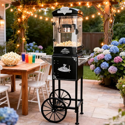10oz Popcorn Machine with Cart, Wheels & Stainless Steel Kettle, Vintage Movie Theater Style, Popcorn Maker Machine for Parties, Events, Home & Commercial Use, Black