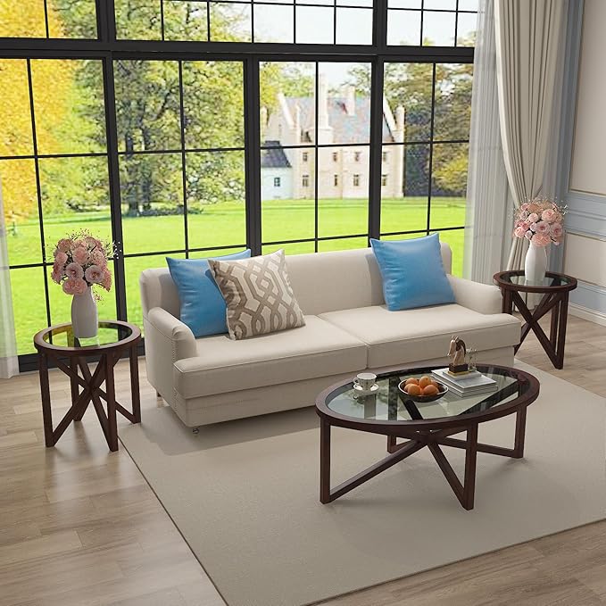 Round End Table Living Room Sofa Side Table Modern Simple Transparent Tempered Glass Top and Wood Base, Accent End Table, Cherry