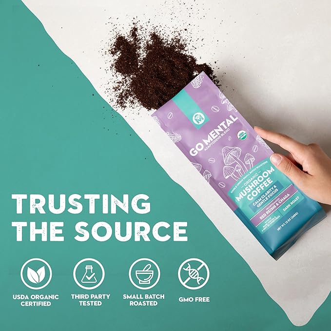 Organic Mushroom Decaffeinated Coffee Dark Roast, Red Reishi & Chaga, Swiss Water Process, Full Fruiting Bodies, Decaf for Calm and Relaxed Focus Grade 1 Single Origin Peruvian, 12oz - Ground