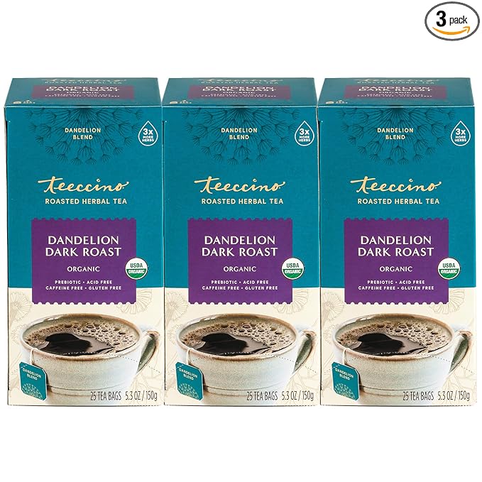 Teeccino Dark Roast Dandelion Tea - Rich & Roasted Herbal Tea That’s Caffeine Free & Prebiotic with Detoxifying Dandelion Root, 25 Tea Bags (Pack of 3)