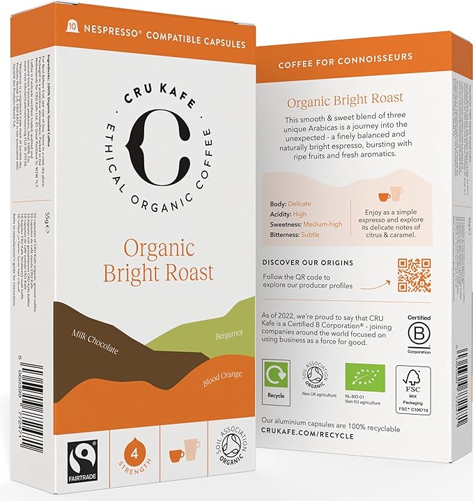 Cru Kafe Bright Roast USDA Organic Espresso Coffee Capsules (50 Pods) Fairtrade Coffee Pods Compatible with Nespresso Original Line and Pixie Machines