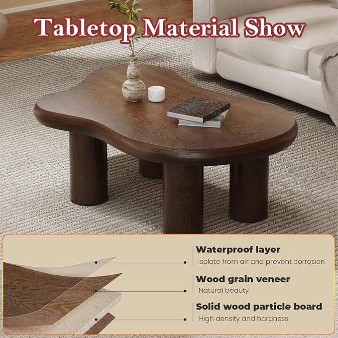 Asymmetric Cloud-Shape Coffee Table with Sturdy & Stable Cylindrical Support Legs, Stylish Irregular Home Decor Center Table (B-46in)