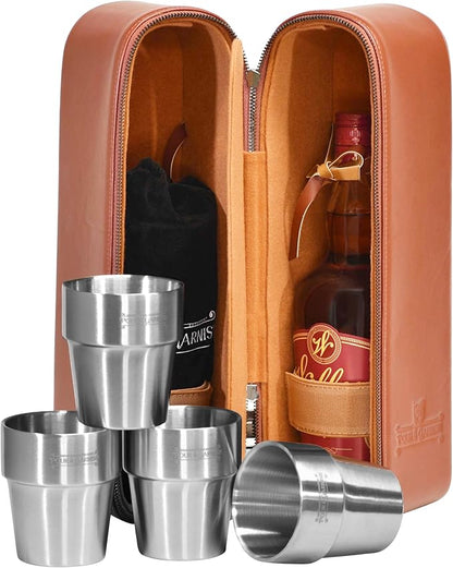 POUR & GARNISH Bourbon Whiskey & Wine Double Bottle Travel Bag with 4 Stainless Steel Double-Walled Vacuum Insulated Glasses - Makes a Great Gift!