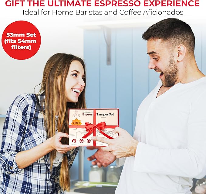 StealthActive&Co 53mm Espresso Tamper 3 in 1 Set Compatible with 54mm Filter - Spring Loaded Espresso Machine Tamper with Aluminum Handle, Espresso Distribution Tool, and Non-Slip Tamping Mat