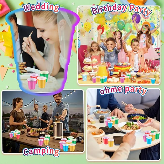 100 Pack 2 oz Plastic Shot Cups, Mini Disposable Shot Glasses, 2 oz Party Mini Cups for Bachelorette Party, Birthday, Parties Favor, Baby Shower Supplies (Multi Colors)