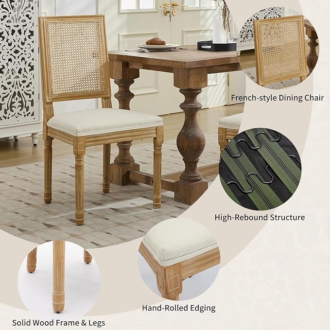 Vintage French Country Dining Chairs Set of 6, Rattan Dining Chairs with a Square Back, Beige Upholstered Dining Chair, Sillas para Comedor, Kitchen & Dining Room Chair (Beige, Rattan, 6Pcs)