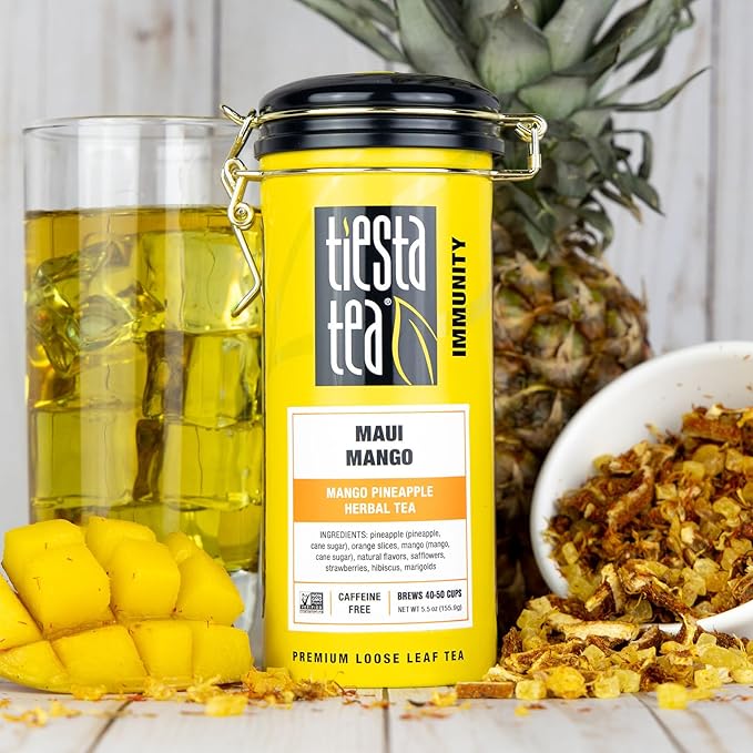 Tiesta Tea - Maui Mango, Loose Leaf, Mango Pineapple Herbal Tea, Premium Non-Caffeinated Fruit Blend, Makes Hot or Iced & Brews Up to 250 Cups - 16oz Bulk Pouch & 5.5oz Refillable Tin Combo