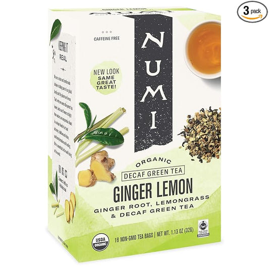 Numi Organic Ginger Lemon Decaf Tea, 48 Green Tea Bags with Lemongrass and Ginger Root
