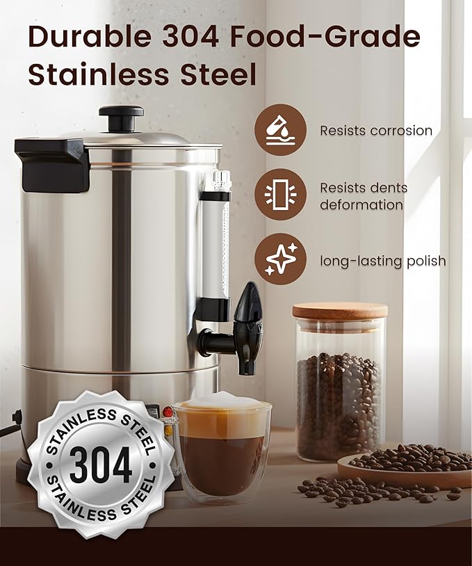 Commercial Coffee Maker 40-Cup Large Coffee Urn with Percolator Coffee Pot Electric 6L Stainless Steel Fast Brew Hot Water Dispenser for Tea Catering Events Home Office Easy Cleaning