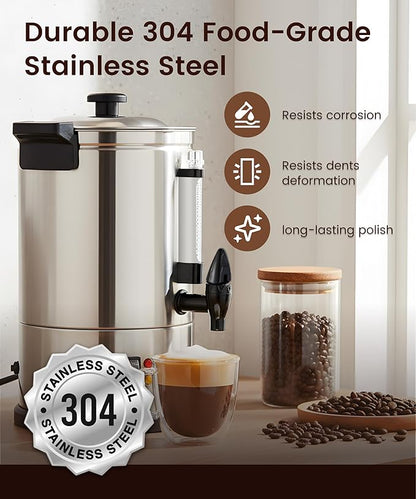 Commercial Coffee Maker 40-Cup Large Coffee Urn with Percolator Coffee Pot Electric 6L Stainless Steel Fast Brew Hot Water Dispenser for Tea Catering Events Home Office Easy Cleaning