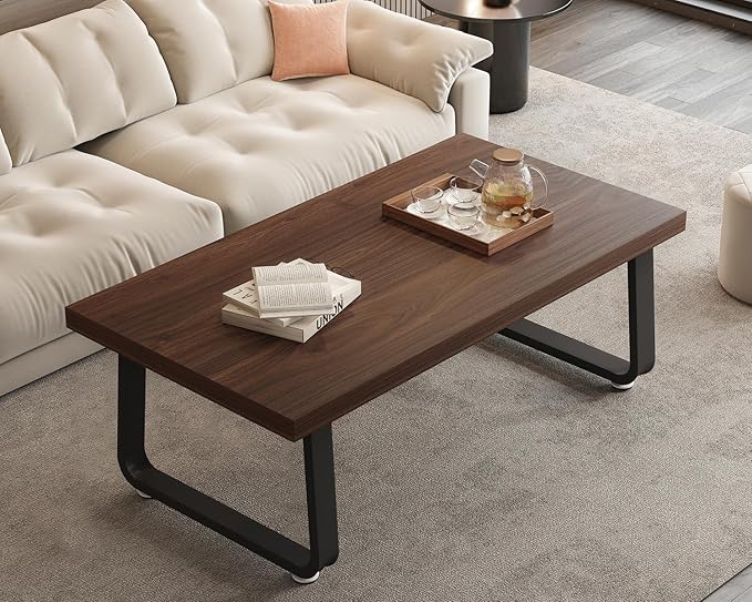 HSH Rustic Walnut Coffee Table, 39” Mid Century Modern Center Table, Rectangle Industrial Living Room Coffee Table, Simple Farmhouse Wood and Metal Tea Coffee Tables for Home Bedroom, Walnut, 39 in