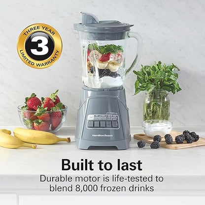 Hamilton Beach Power Elite Wave Action Blender For Smoothies, 40 Oz Glass Jar, 12 Functions Including Puree, Crush Ice, 700 Watts, Grey (58153J)