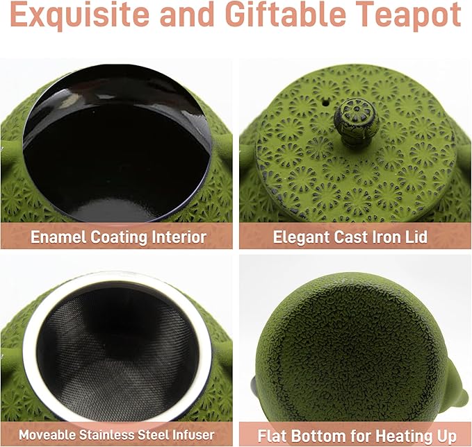 Cast Iron Teapot, 20.3oz Enameled Interior, Stainless Steel Infuser for Loose Tea (Green Gerbera Pattern)