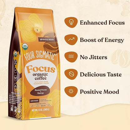 Four Sigmatic Dark Roast Organic Whole Bean Coffee | Gourmet Nootropic Mushroom Coffee Beans with Lion's Mane & Chaga Mushrooms for Enhanced Brain Function and Immune Support | 12oz