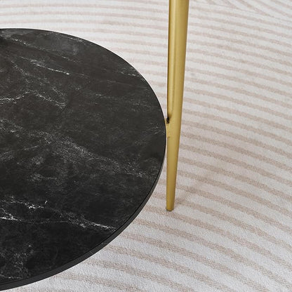 Round Glass End Table, Mid-Century Modern Design Sofa Table for Living Room, D18 x H23 in, 2-Tier Structure, Grey Glass Top and Black Marble Shelf, Sleek Conical Legs with Gold Finish Frame