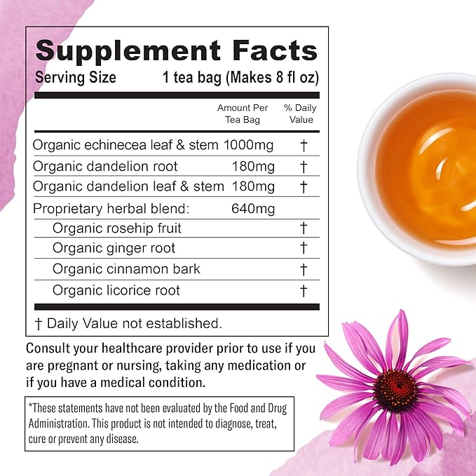 Numi Organic Immune Boost Tea, 16 Tea Bags (Pack of 3), Echinacea, Dandelion and Rosehips, Caffeine Free