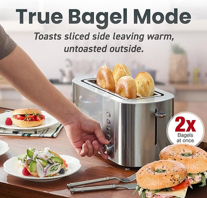 Elite Gourmet ECT4123 Long Slot 4 Slice Toaster, Extra Wide 1.5" and 5.1" Deep Slots, Bagel, Defrost & Cancel Functions, 6 Toast Shade Settings, Fits Bagels, Waffles, Artisan Breads, Stainless Steel