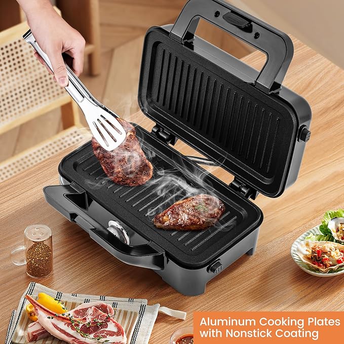 BECOMFORT 3 in 1 Waffle Maker, Sandwich Press w/3 Removable Non-stick Plates, Indicator Lights, Cool Touch Handle, Sandwich Maker & Panini Press w/5-gear Temperature Control for Breakfast Steak