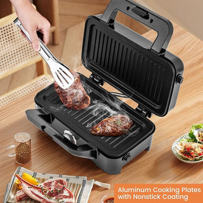 BECOMFORT 3 in 1 Waffle Maker, Sandwich Press w/3 Removable Non-stick Plates, Indicator Lights, Cool Touch Handle, Sandwich Maker & Panini Press w/5-gear Temperature Control for Breakfast Steak