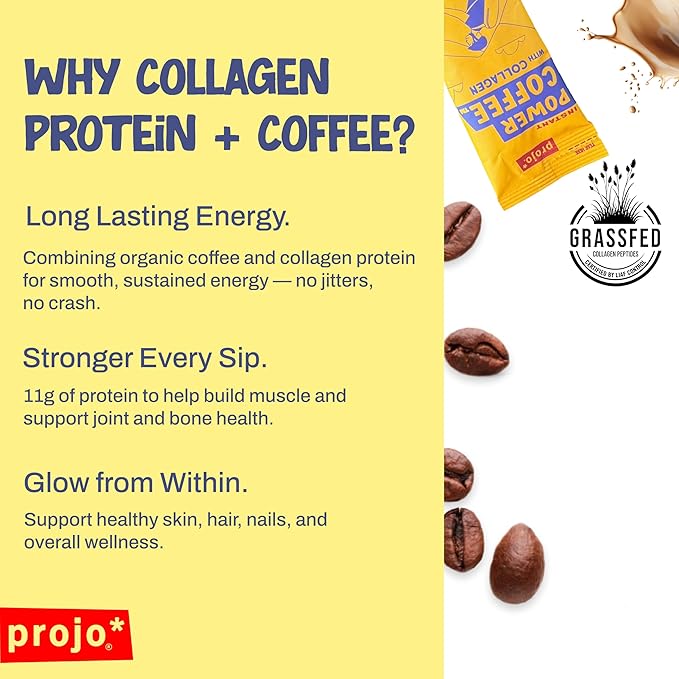 Projo* Power Coffee – Instant Coffee with 11g Protein – Grass-Fed Hydrolyzed Bovine Collagen & 175mg Caffeine – Caramel Latte Flavor – Organic – Energy Support – 12 Single-Serve Packets