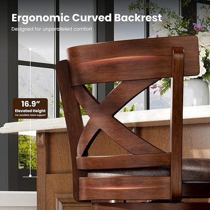 PHI VILLA Swivel Bar Stools Set of 6, 30 inch Bar Height Stools Faux Leather Barstools with Back, Wooden Kitchen Chairs