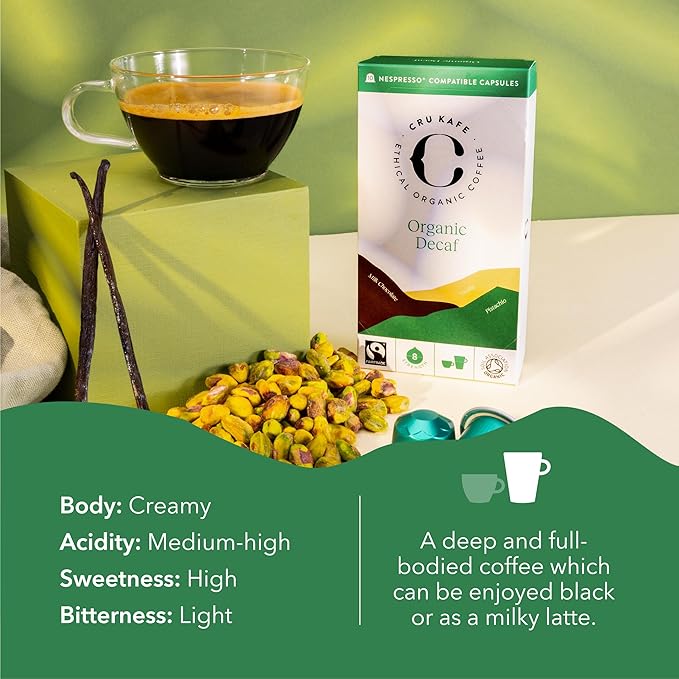 Cru Kafe Decaf USDA Organic Espresso Coffee Capsules (10 Pods) Fairtrade Coffee Pods Compatible with Nespresso Original Line and Pixie Machines