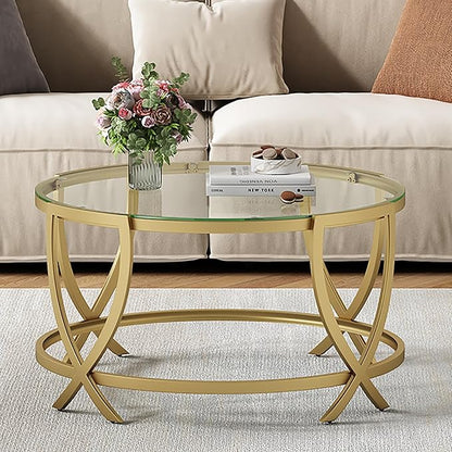 ASYA Round Coffee Table for Living Room, Gold Coffee Table with Tempered Glass & Metal Frame, Modern Glass Living Table for Home&Office