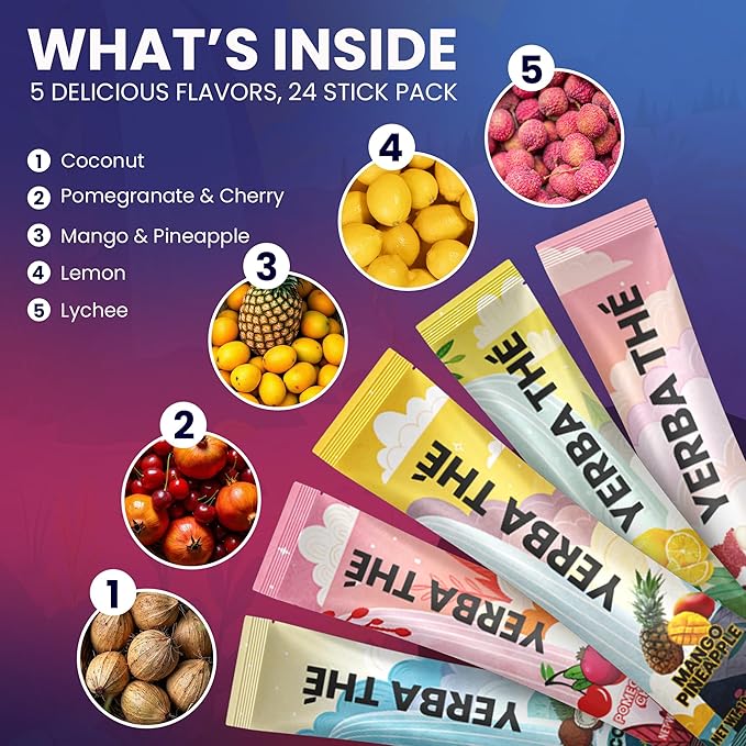 Yerba Mate Powder - Gut Health Support Drink - Probiotics & Prebiotics - Reduce Brain Fog, Relaxation & Focus - Natural Yerba Mate Clean Energy - Mixed Fruit Flavors - Sugar-Free - 30 Sachets