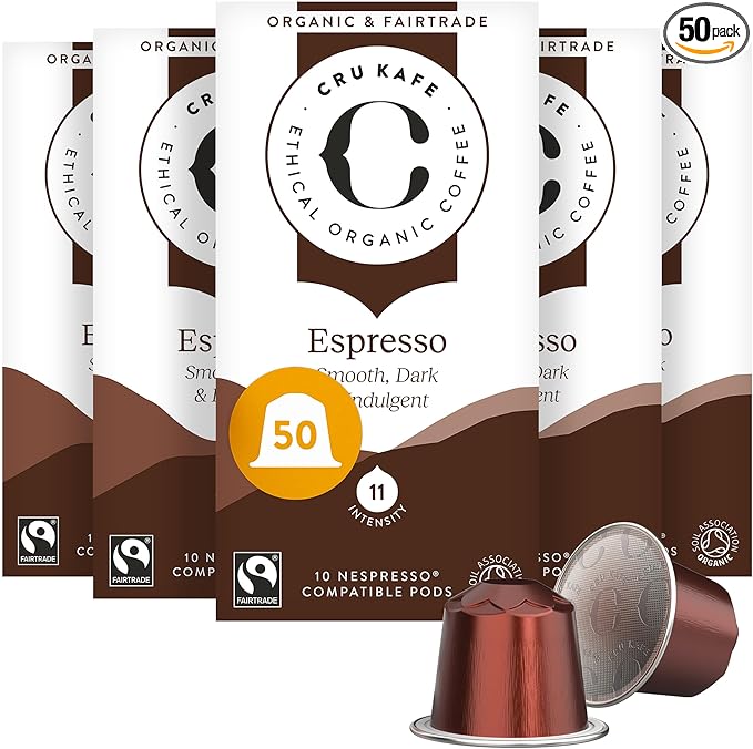 Cru Kafe Strong Espresso USDA Organic Espresso Coffee Capsules (50 Pods) Fairtrade Coffee Pods Compatible with Nespresso Original Line and Pixie Machines