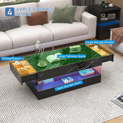 39.4" Large High-Glossy LED Coffee Table with 2 Sliding Drawers, Living Room Storage Coffee Tables with Marbling Print, Modern Stylish Double-Layer Center Tables w/LED Lights, Black