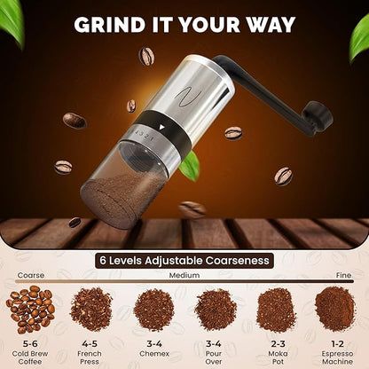 Manual Coffee Grinder – Hand Crank Burr Coffee Bean Grinder, 6 Grind Settings for Espresso, French Press & Pour Over – Quiet, Portable, Durable Stainless Steel Manual Grinder for Home & Travel