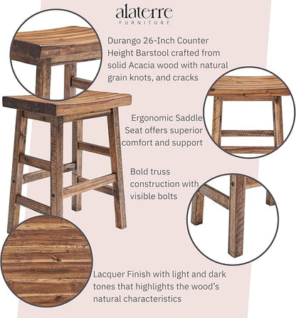 Alaterre Furniture Durango 26-Inch Tall Industrial Wood Counter-Height Stool Bar Stool, Kitchen, Seating, Vintage-Style Saddle Seat, Comfort, Rustic Industrial, Light or Dark Tone Lacquer Finish