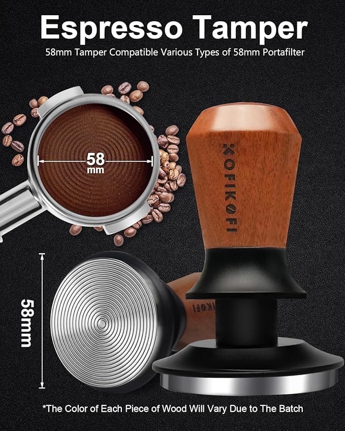 58mm Espresso Tamper, Coffee Tamper with 30lbs Spring Loaded, Espresso Coffee Tamper with Stainless Steel Ripple Base and Rosewood Handle Fits for E61,Breville and All 58mm Espresso Machines