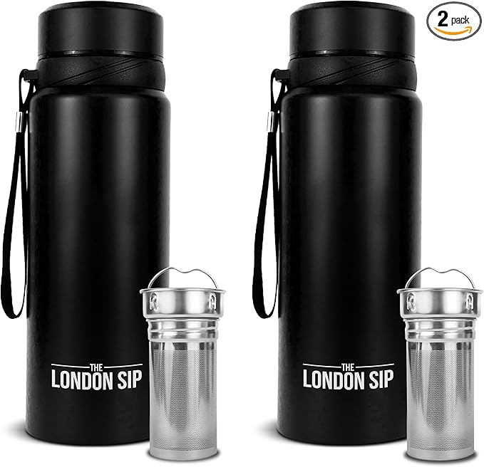 London Sip 25 oz Multi-Function Travel Mug and Tumbler Tea Infuser Water Bottle Fruit Infuser Flask Hot and Cold Double Wall Stainless Steel Coffee Thermos, Zen Black, Pack of 2
