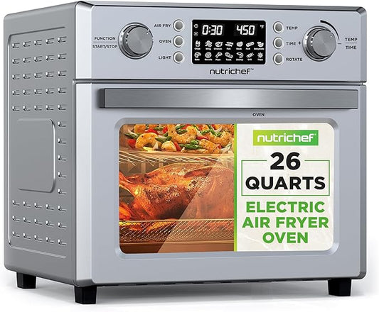 NutriChef 26L Electric Air Fryer Oven | 1700W Countertop Rotisserie & Air Fryer | 360° Rotating Feature | 10 Digital Menu Presets | Includes Drip Tray, Air Frying Basket & Bake Rack 15x16x14 (Silver)