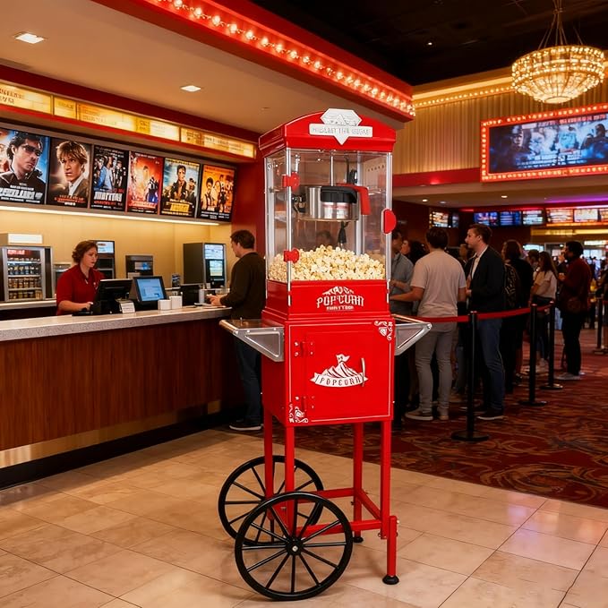10oz Popcorn Machine with Cart, Wheels & Stainless Steel Kettle, Vintage Movie Theater Style, Popcorn Maker Machine for Parties, Events, Home & Commercial Use, Red