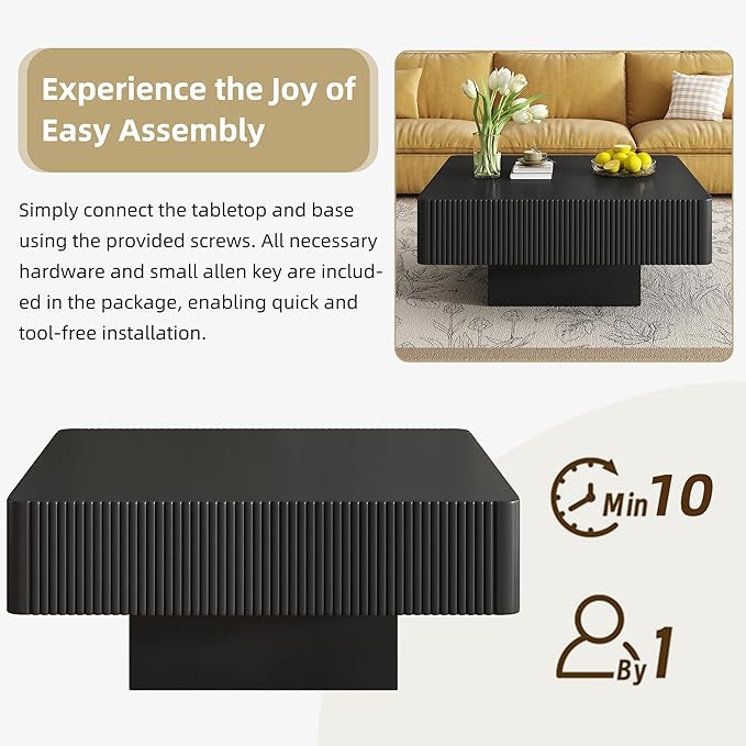 31.6 Inch Square Drum Coffee Table, Modern Handcraft Fluted Drum Coffee Table, Wooden Square Center Table Cocktail Table with Stable Pedestal for Living Room Apartment (Black)